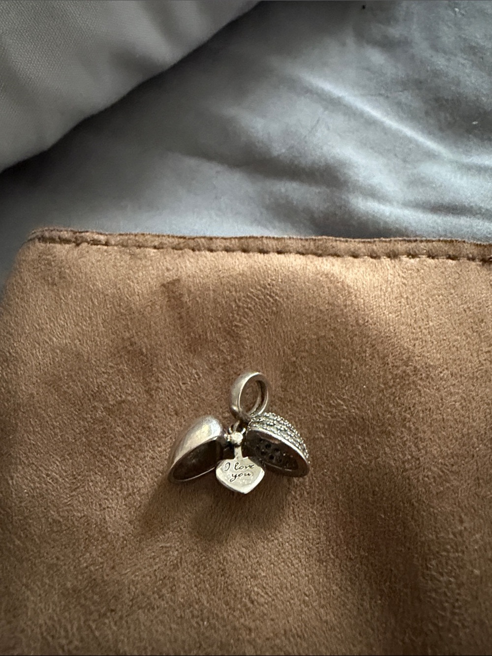 Pandora silver-tone heart locket charm with 'I love you' tag